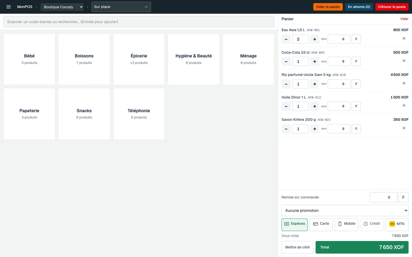 The MonPOS till screen with the product grid and the ticket