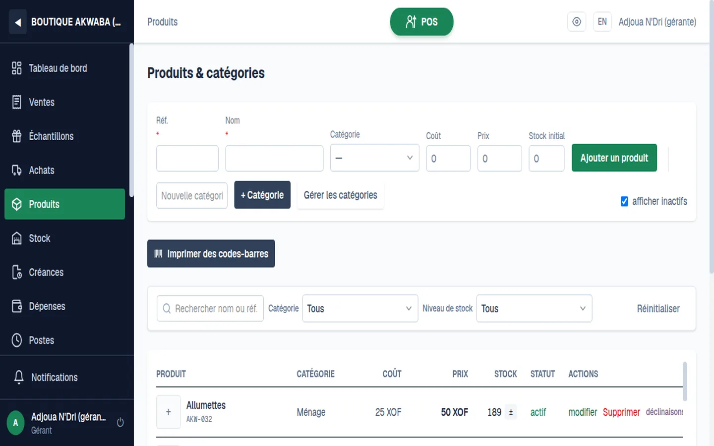 Products — Price, cost, barcode, labels to print.