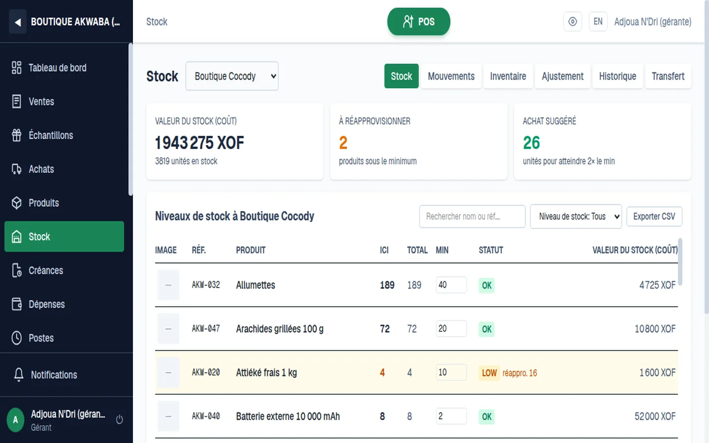 Stock — The ledger of every movement: sale, delivery, adjustment, transfer between shops.